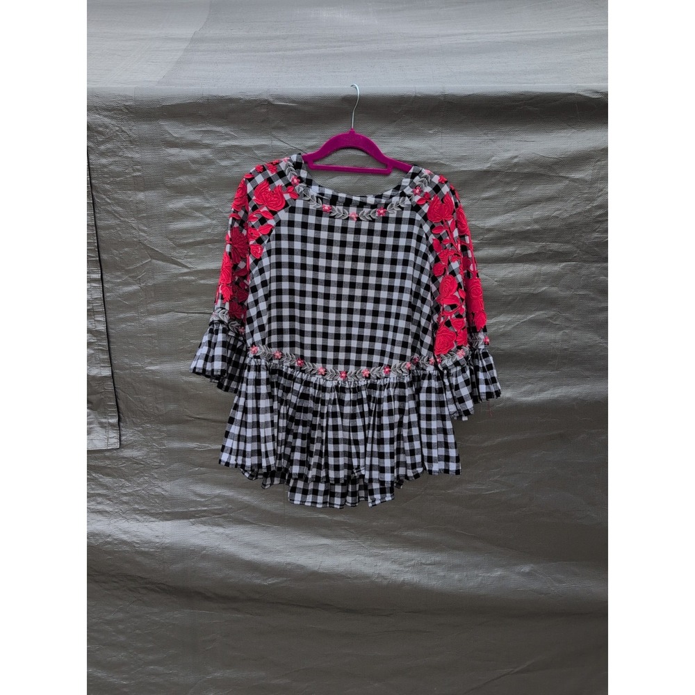 Pankaj & Nidhi Anthropologie Black White Gingham Swing Top Floral Embroidery XS